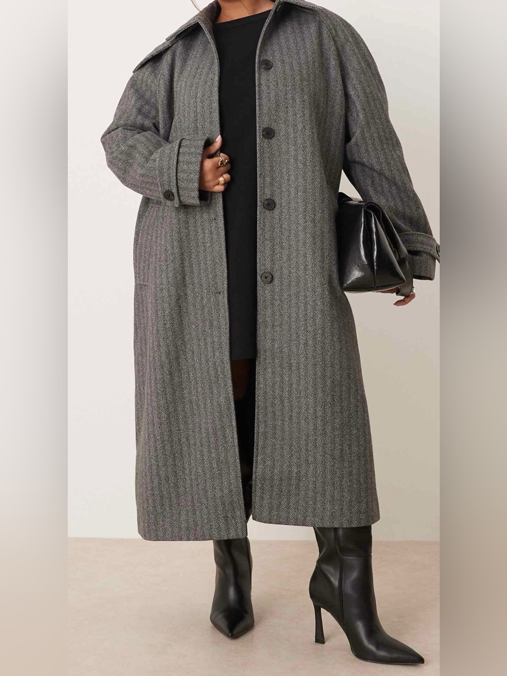 ASOS Long Herringbone Wool Coat - Gray
